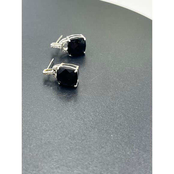 Vintage 10K White Gold Oval Prong Cushion Black Onyx Diamond Dangle Earrings - Picture 8 of 11
